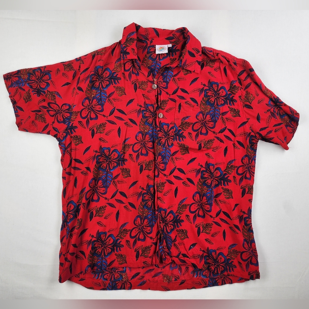 Red Hawaiian Button Down Shirt Makai Beach Large